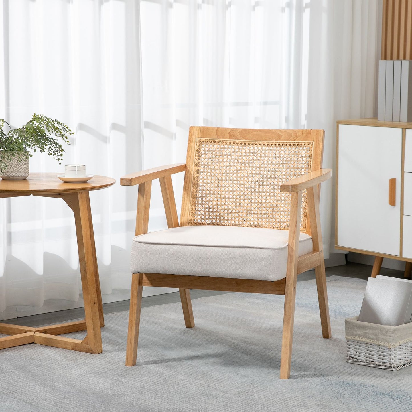 Exotic upholstered chair, rubberwood, linen-look seat cushion, 63L x 69W x 78H cm, cream white