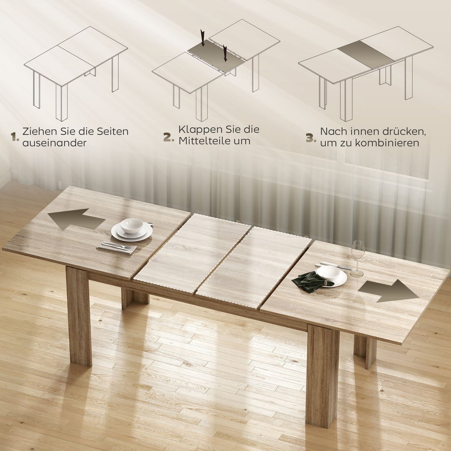 Extendable Dining Table, 180-260 cm, Seats 6-10, Wood