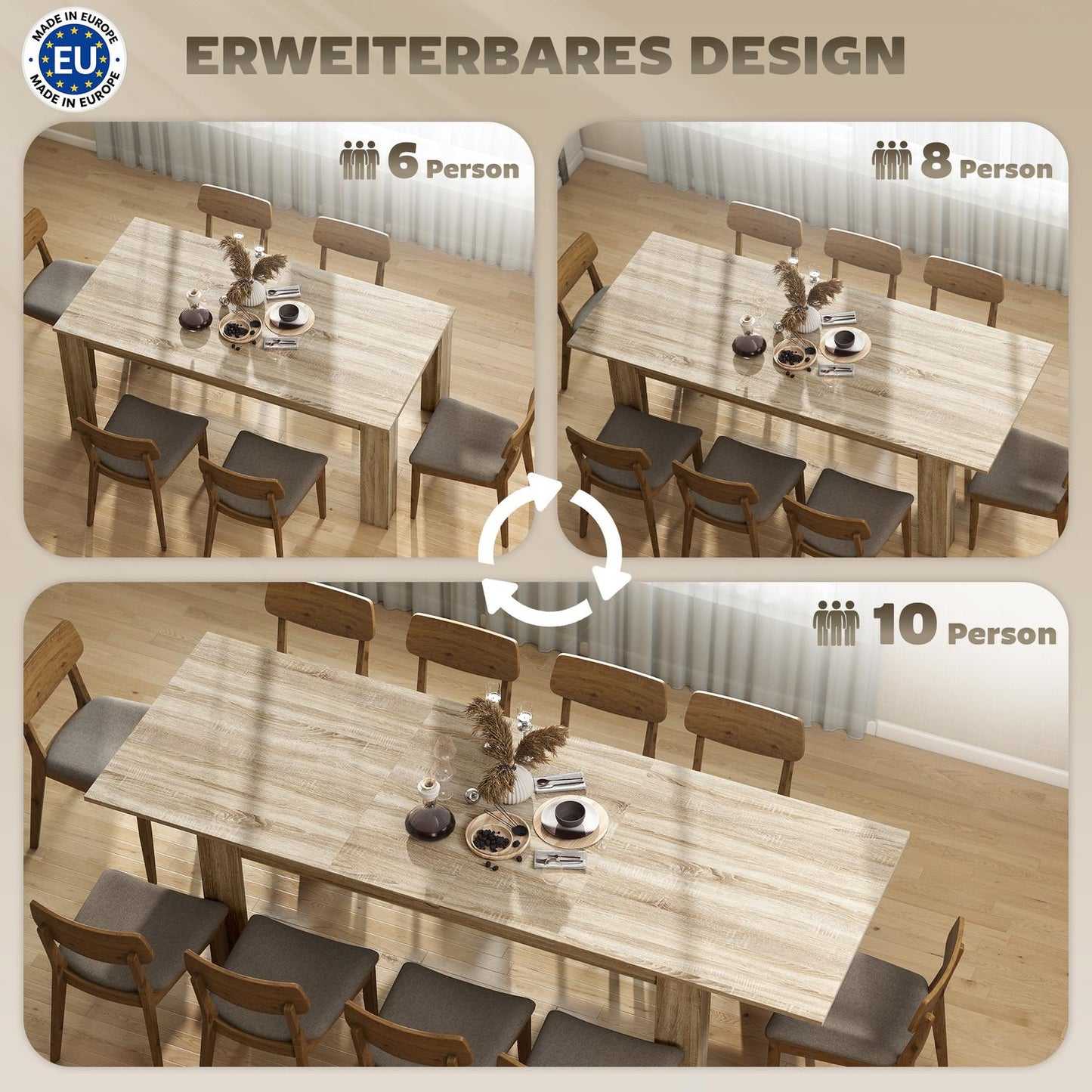 Extendable Dining Table, 180-260 cm, Seats 6-10, Wood