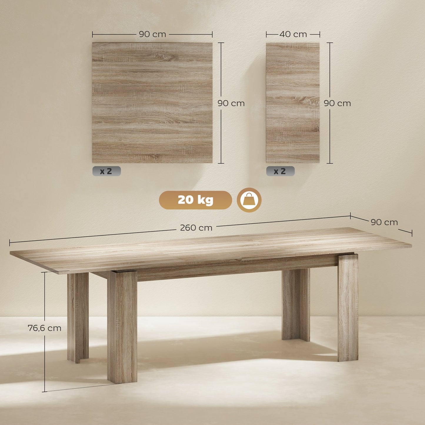 Extendable Dining Table, 180-260 cm, Seats 6-10, Wood