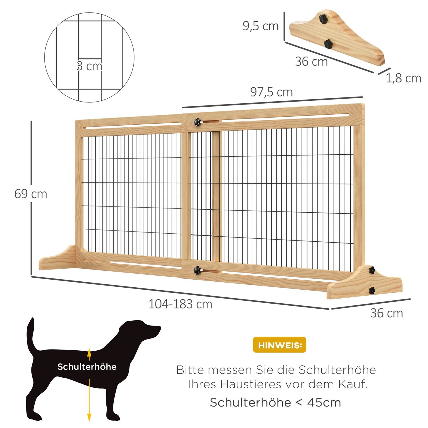 Adjustable wooden dog gate for stairs and doors, natural finish
