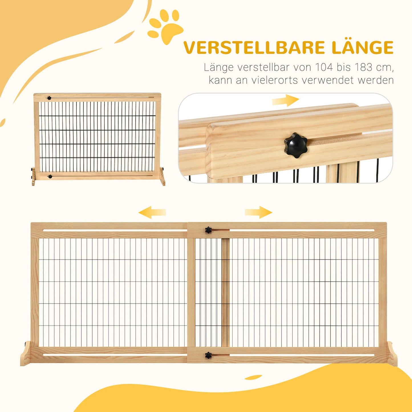 Adjustable wooden dog gate for stairs and doors, natural finish