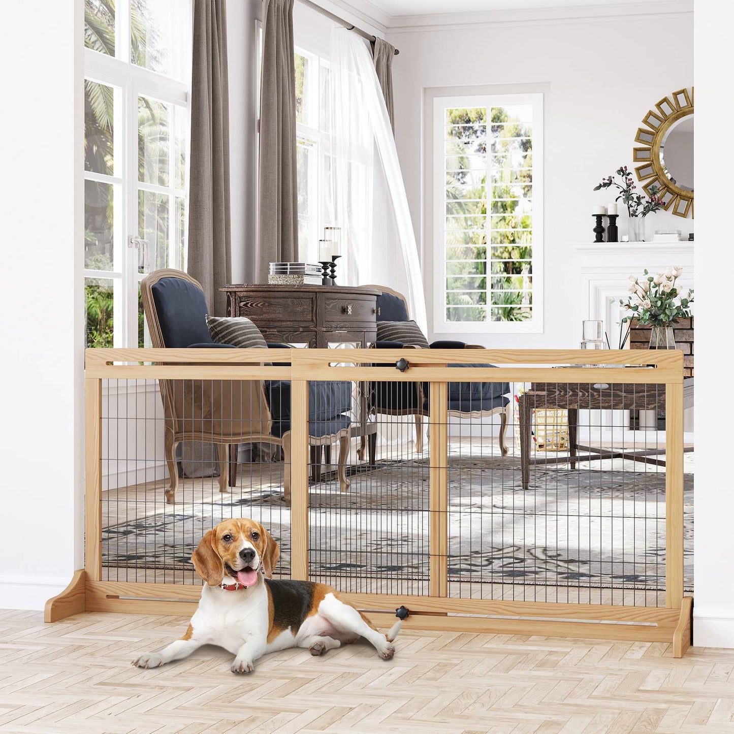 Adjustable wooden dog gate for stairs and doors, natural finish