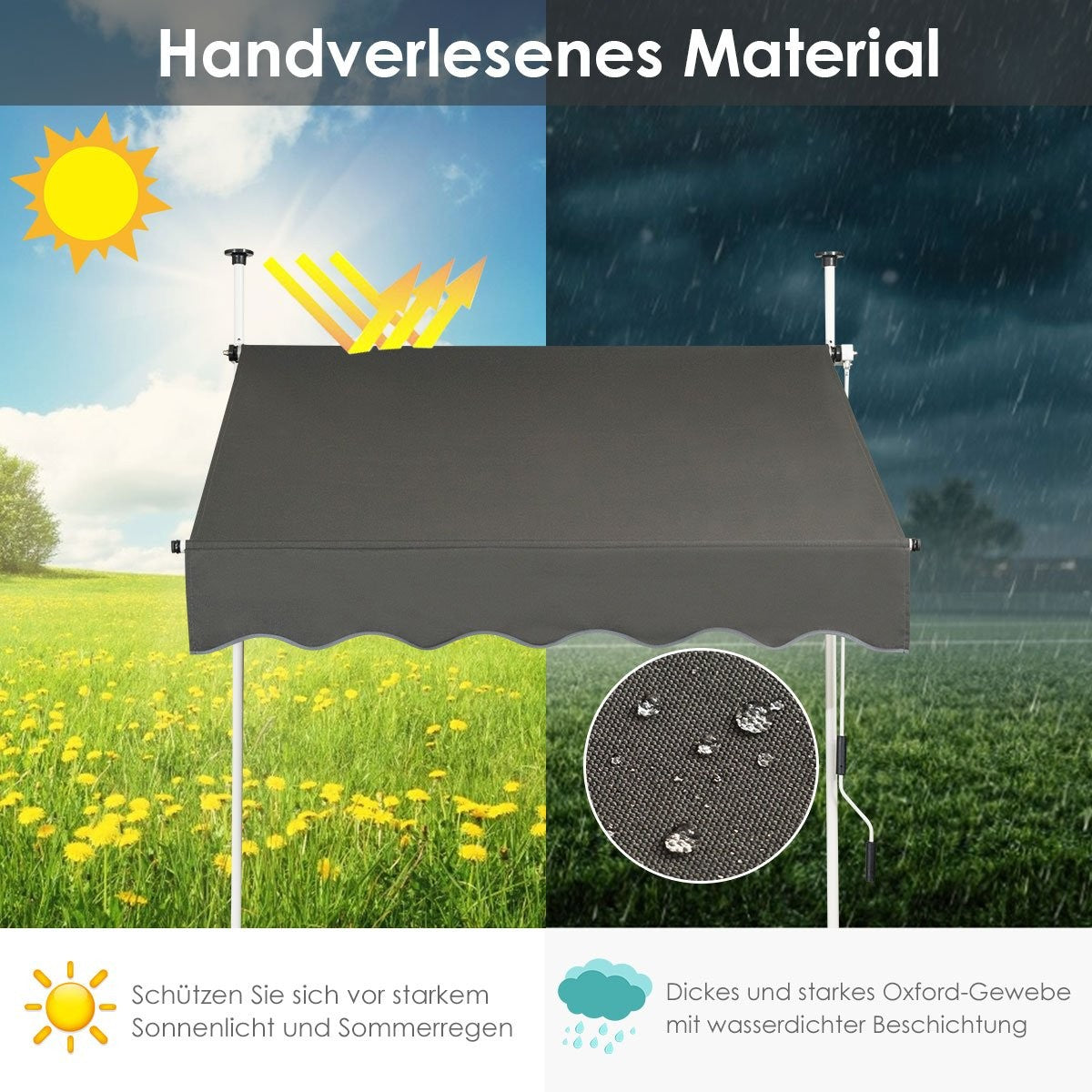 Extendable canopy sun protection with crank, height-adjustable awning 150 x 120 cm gray