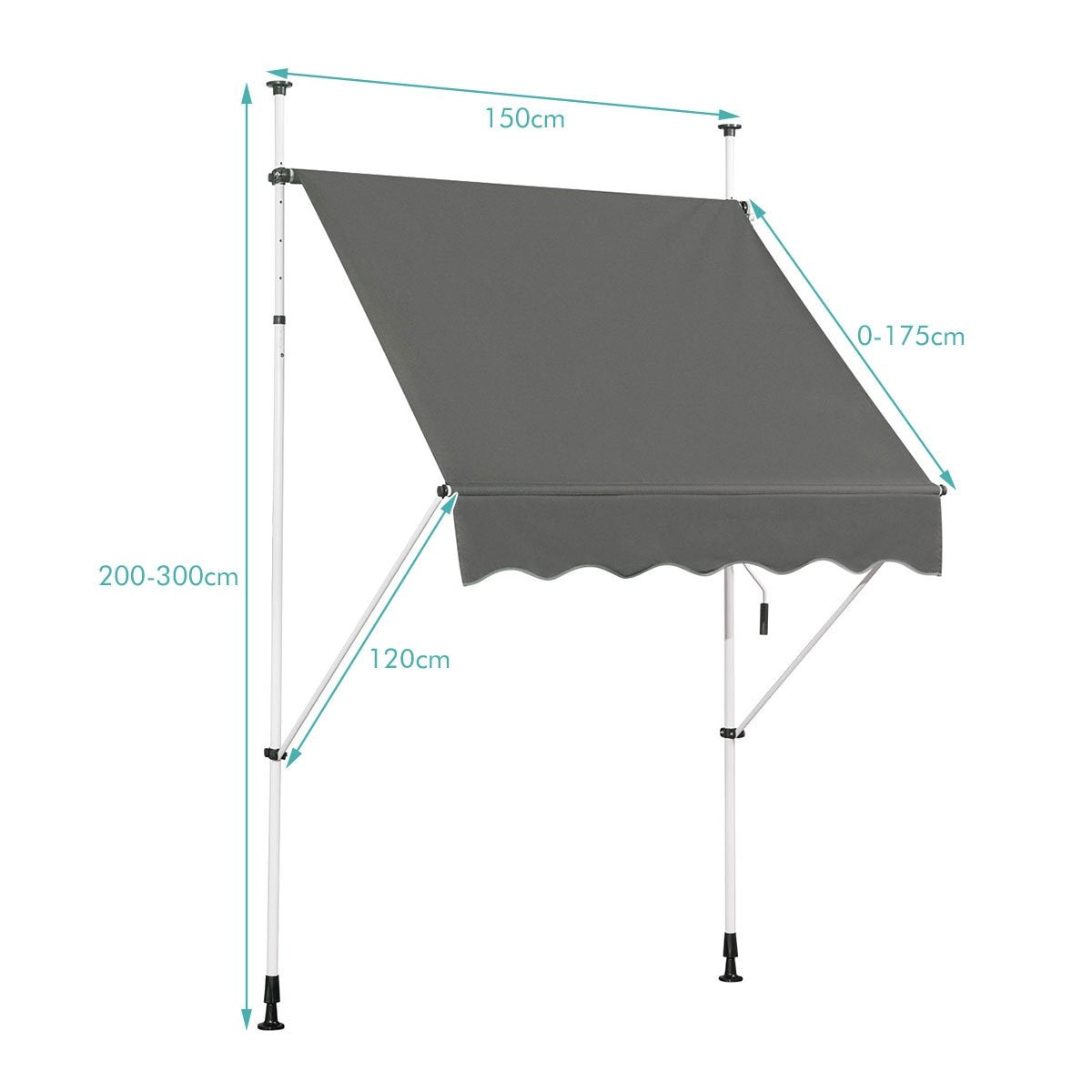 Extendable canopy sun protection with crank, height-adjustable awning 150 x 120 cm gray