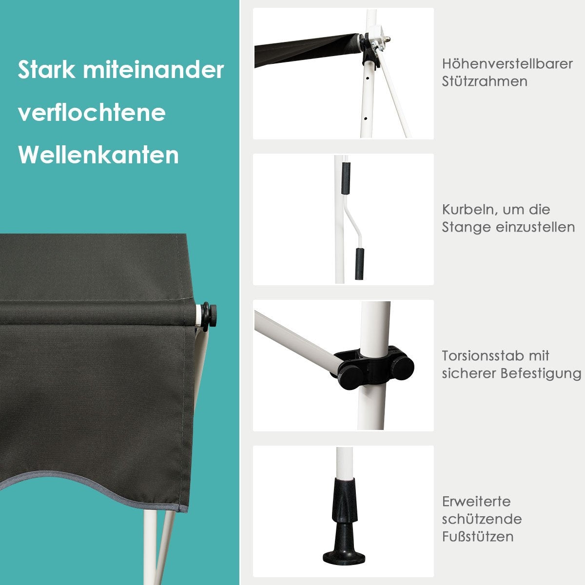 Extendable canopy sun protection with crank, height-adjustable awning 150 x 120 cm gray