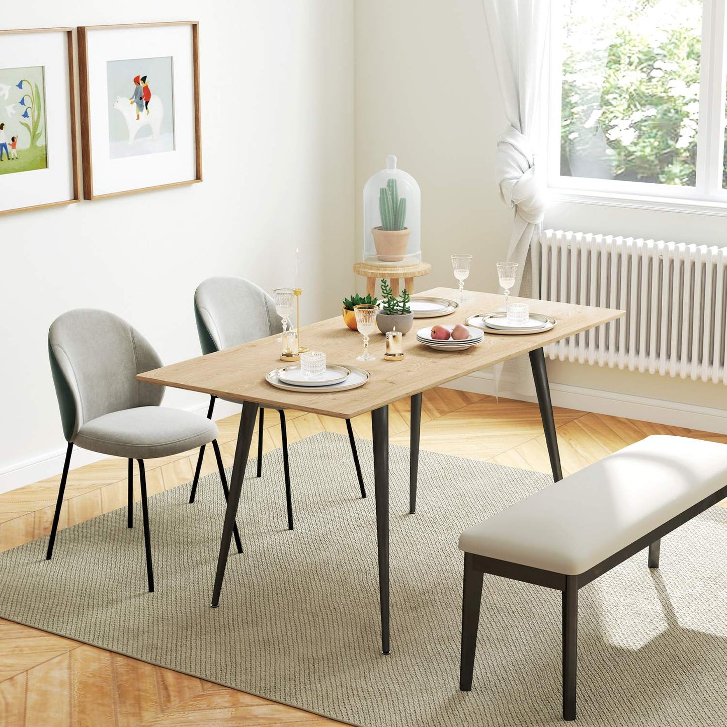 Extendable dining table, seats 6-8, steel legs, natural finish