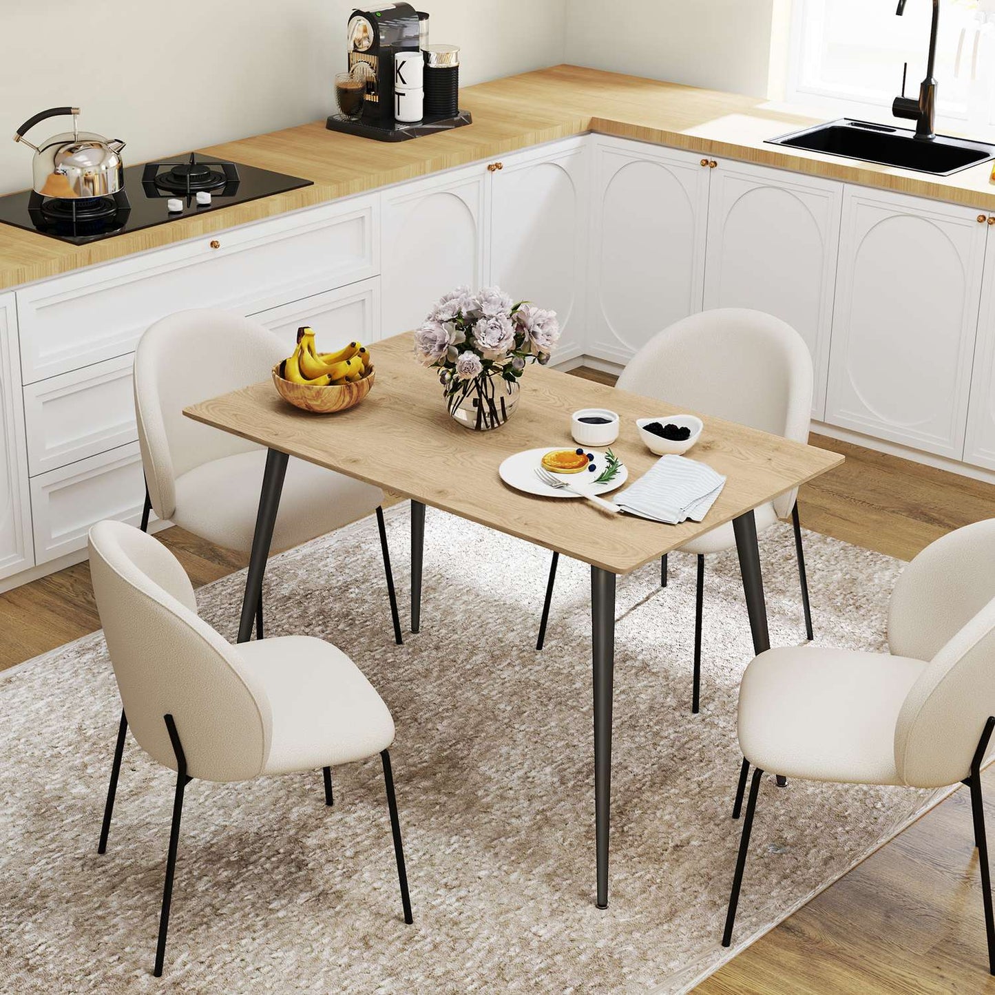 Extendable dining table, seats 6-8, steel legs, natural finish