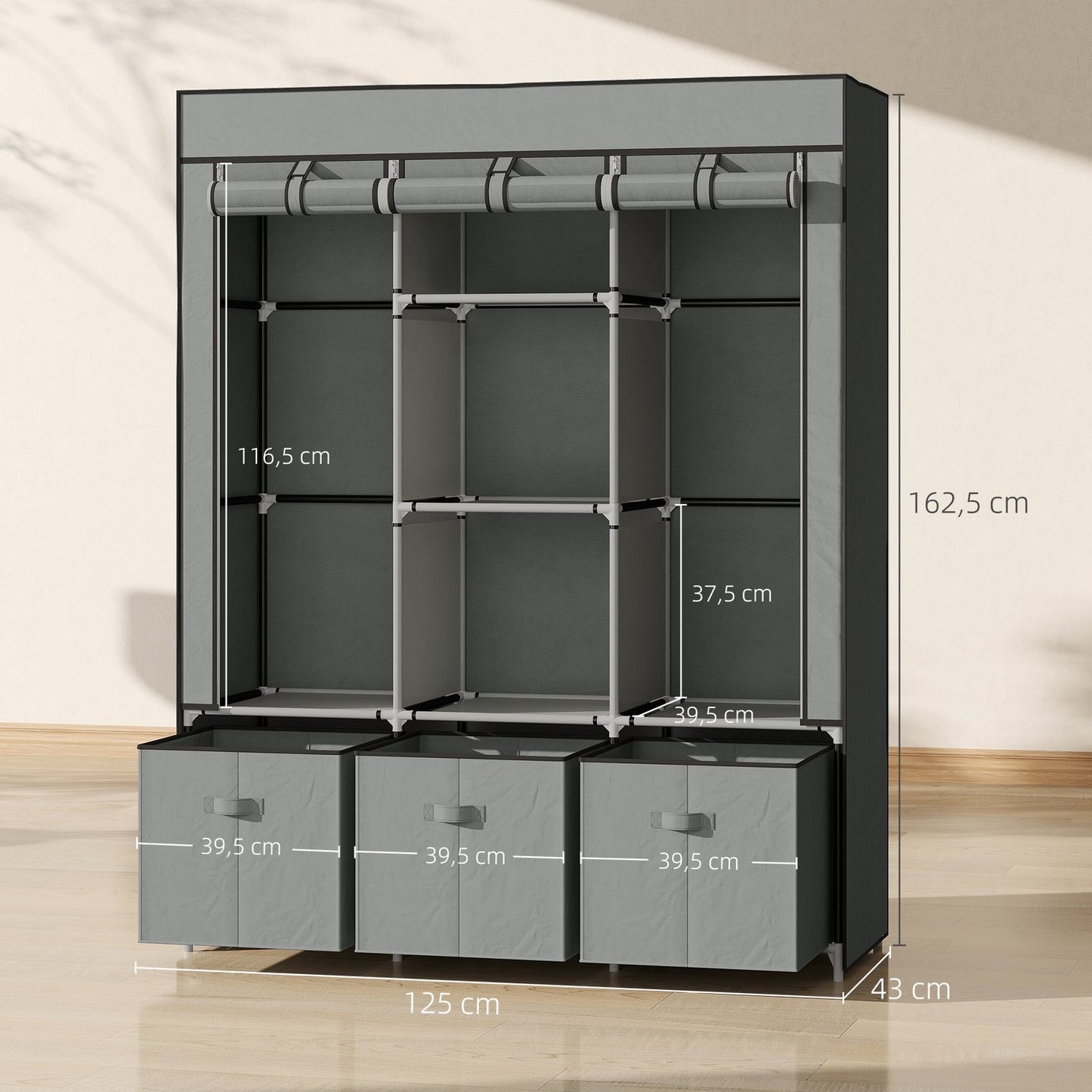 Foldable Fabric Wardrobe with Drawers, Light Grey, 125x43x162.5 cm