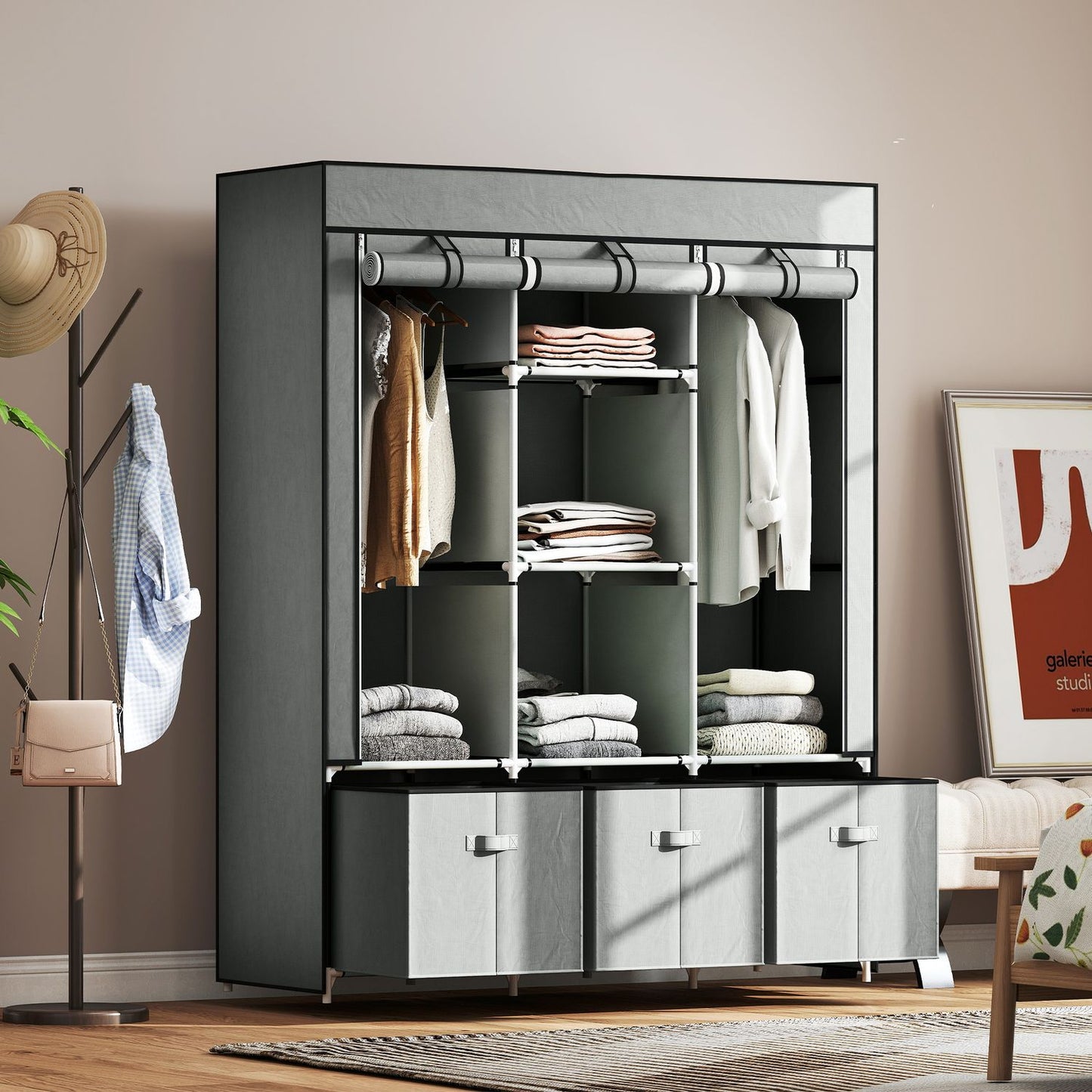 Foldable Fabric Wardrobe with Drawers, Light Grey, 125x43x162.5 cm