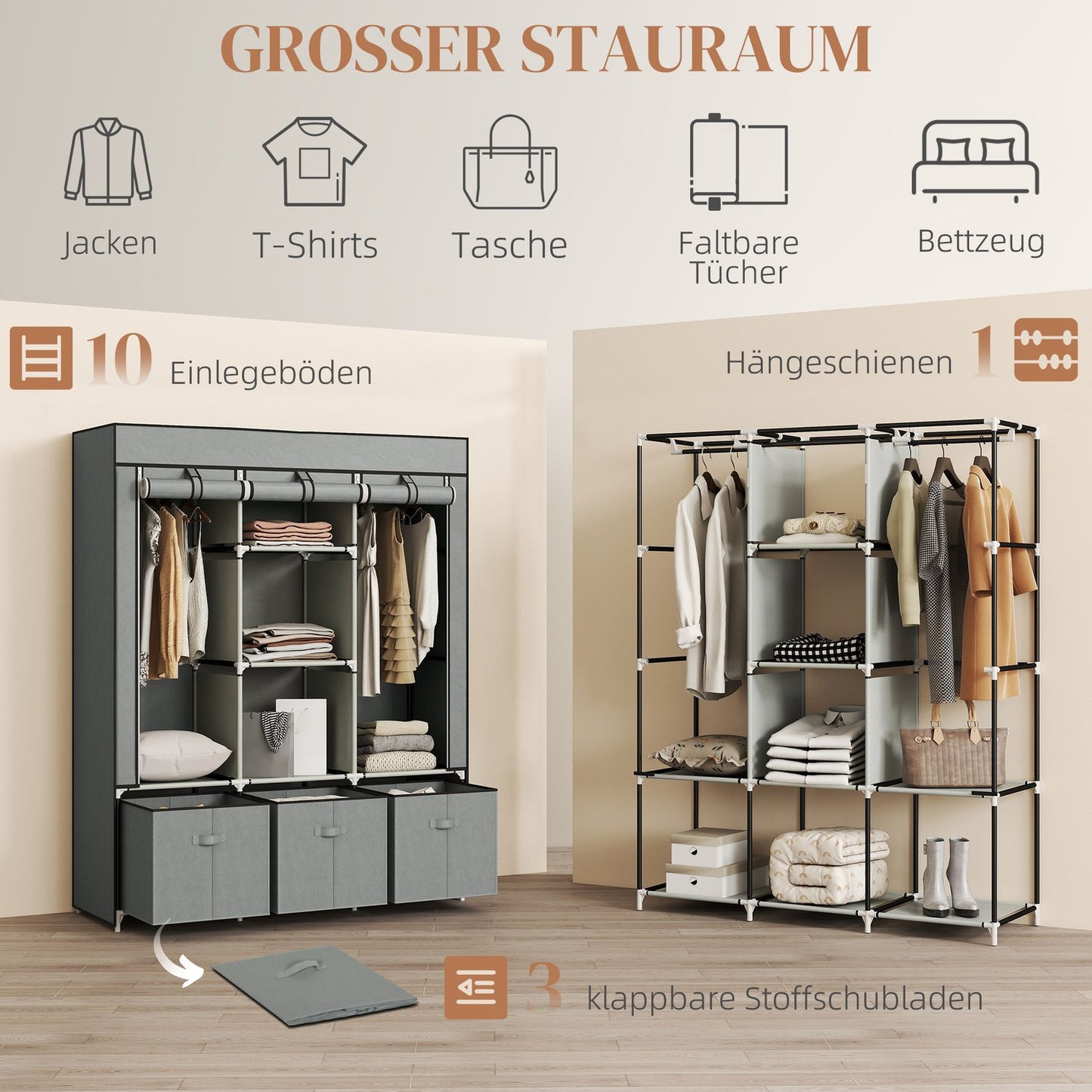 Foldable Fabric Wardrobe with Drawers, Light Grey, 125x43x162.5 cm