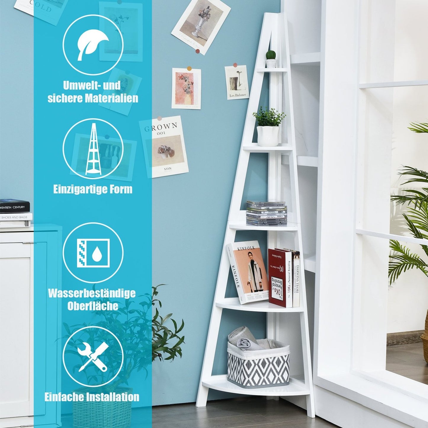 File Shelf 5 Shelves Ladder Style A-Shaped Standing Shelf Corner Shelf Wood White