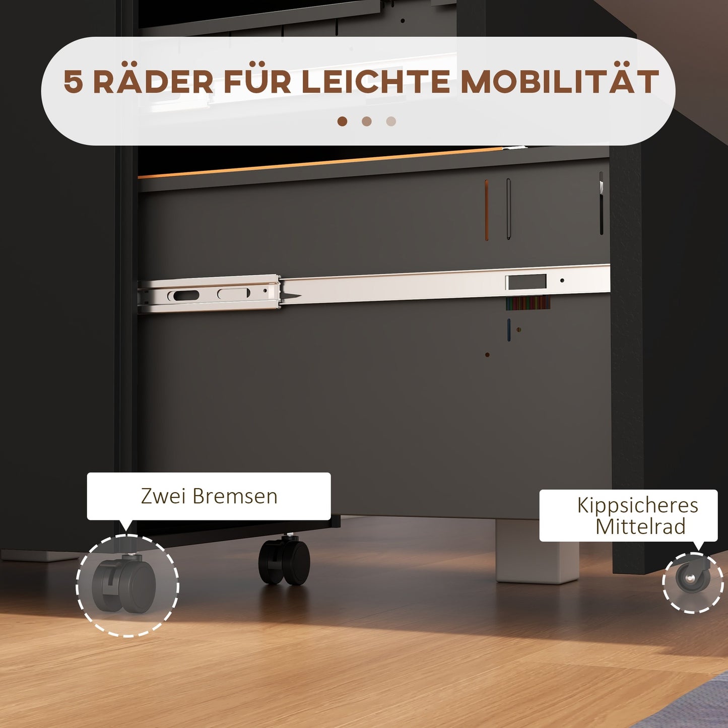 Lockable filing cabinet in steel, black, rollable with brakes