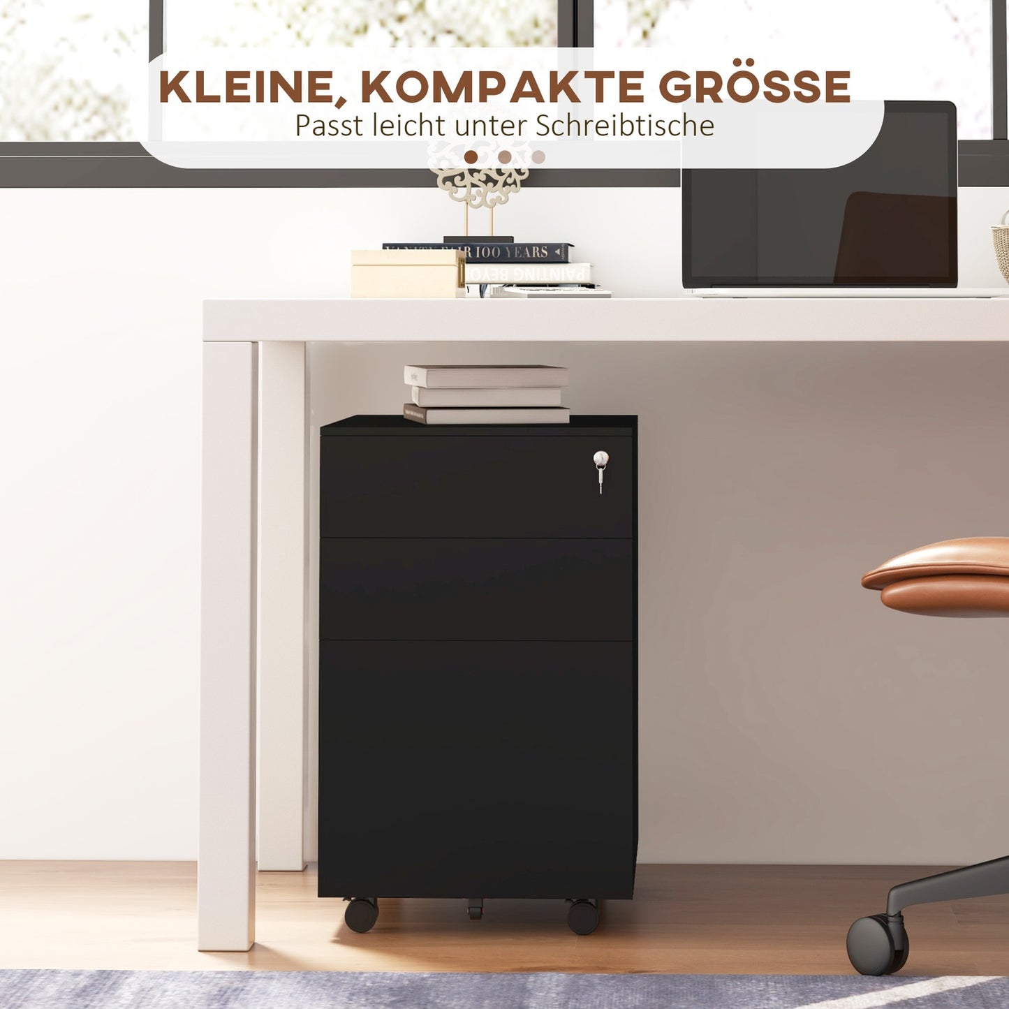 Lockable filing cabinet in steel, black, rollable with brakes
