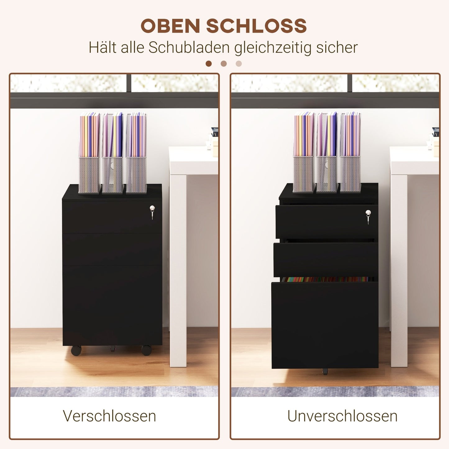 Lockable filing cabinet in steel, black, rollable with brakes