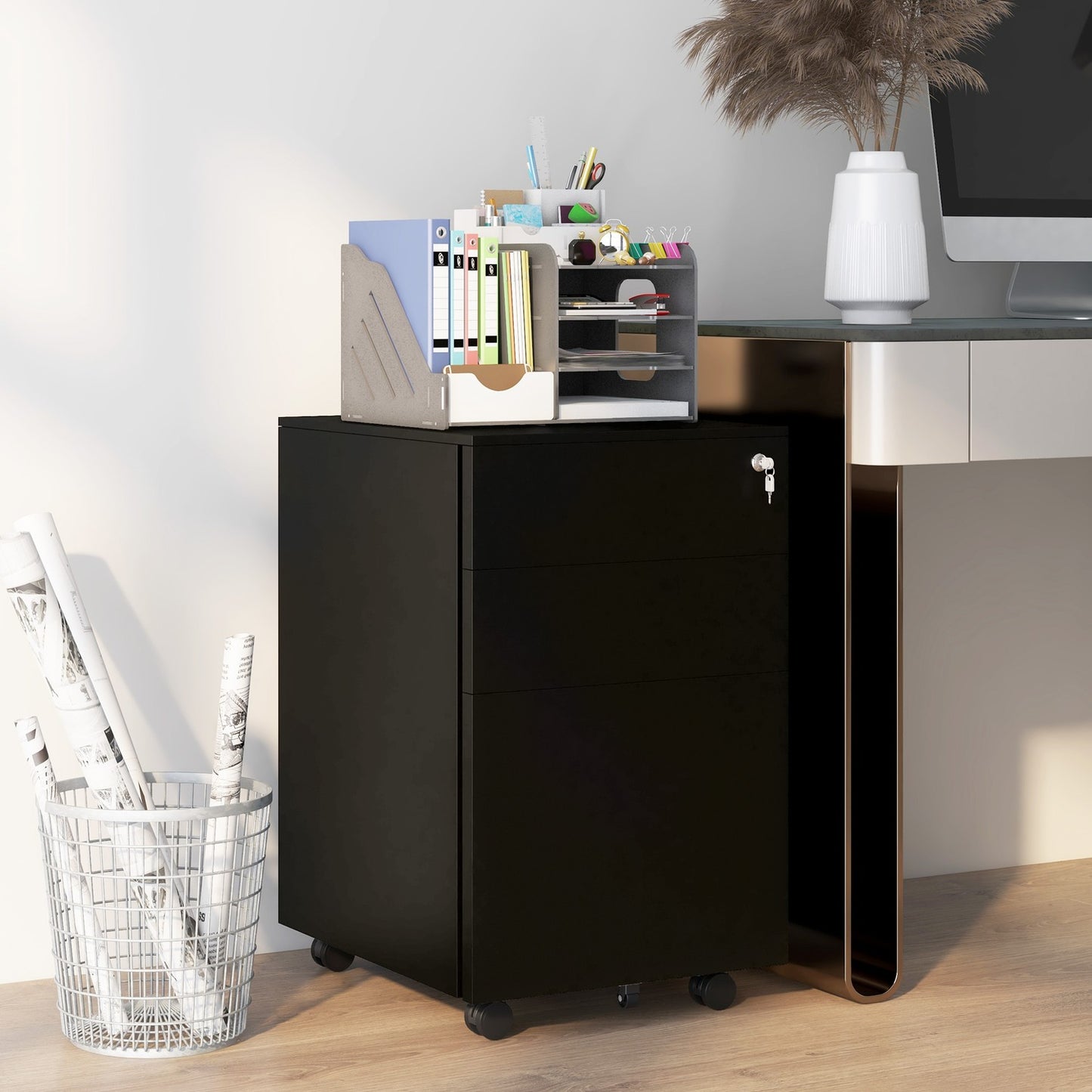 Lockable filing cabinet in steel, black, rollable with brakes
