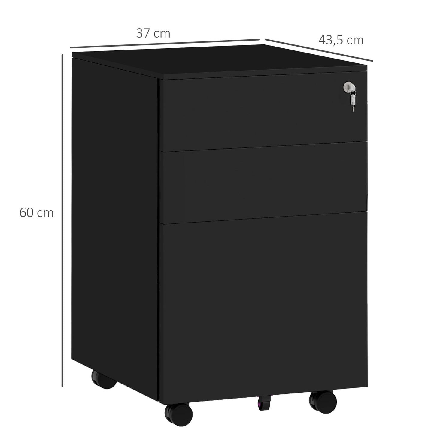 Lockable filing cabinet in steel, black, rollable with brakes