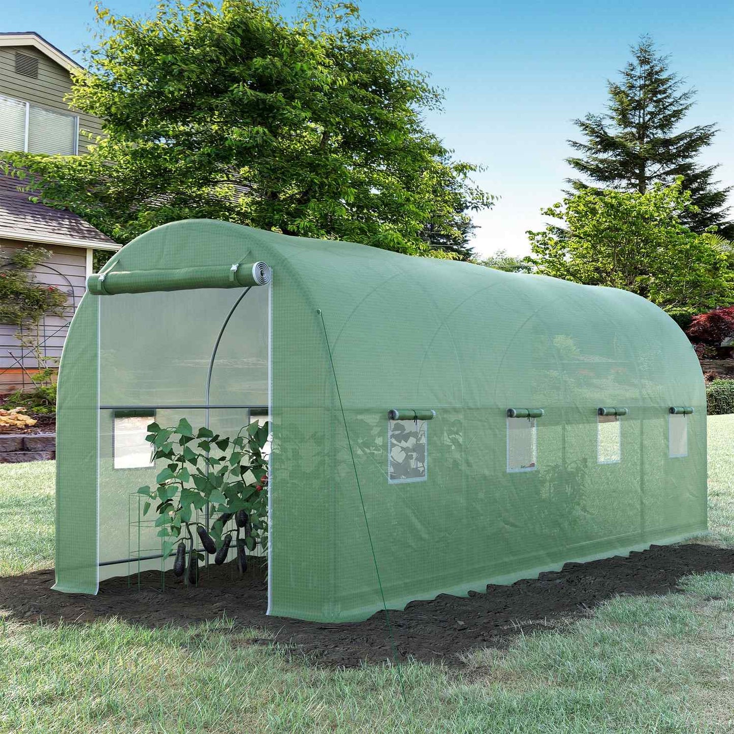 Greenhouse polytunnel with window, green, 5x2x2.1m