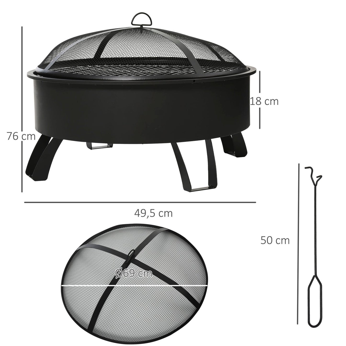 Fire Pit & BBQ Grill with spark guard, black Ø76 cm