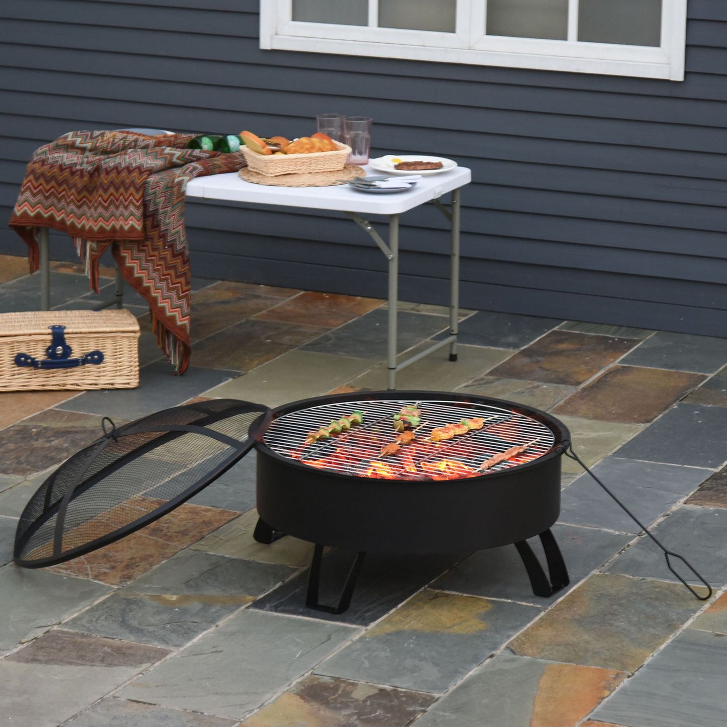 Fire Pit & BBQ Grill with spark guard, black Ø76 cm