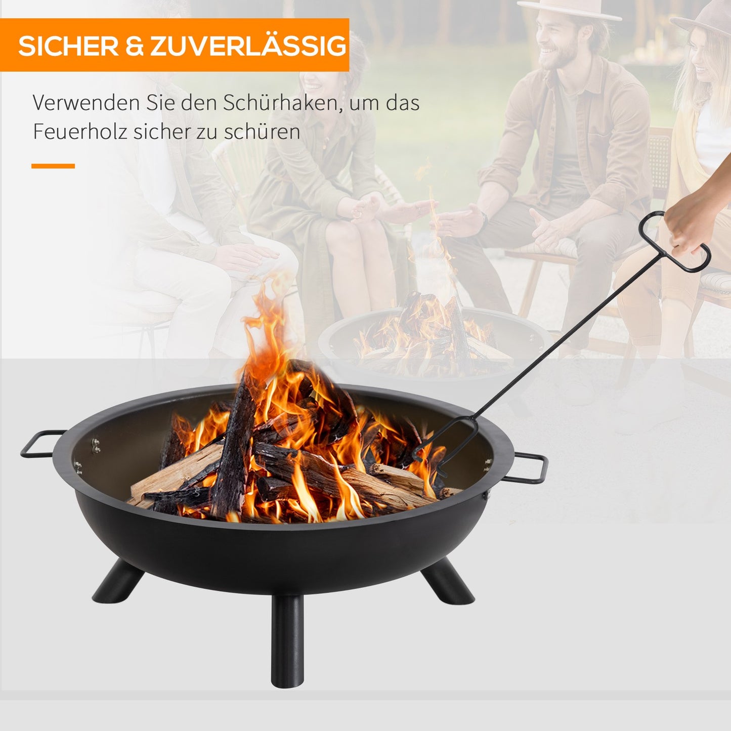 Steel Fire Pit Bowl with Poker - Round, Black, 79cm