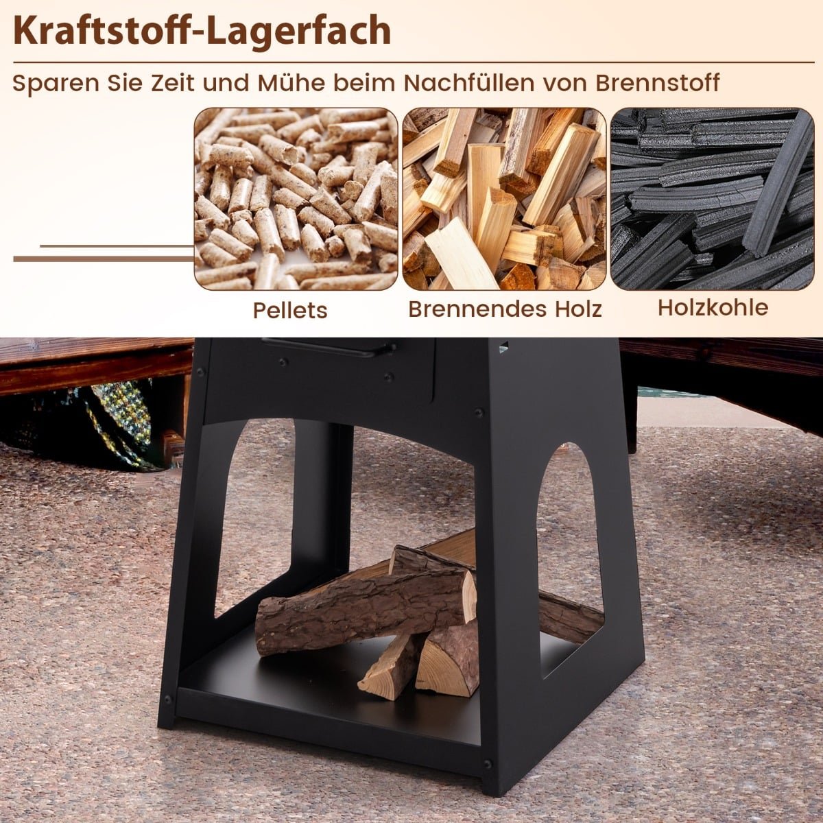 Fire Pit with Grill, Ash Box, Storage – 60x80 cm, Black