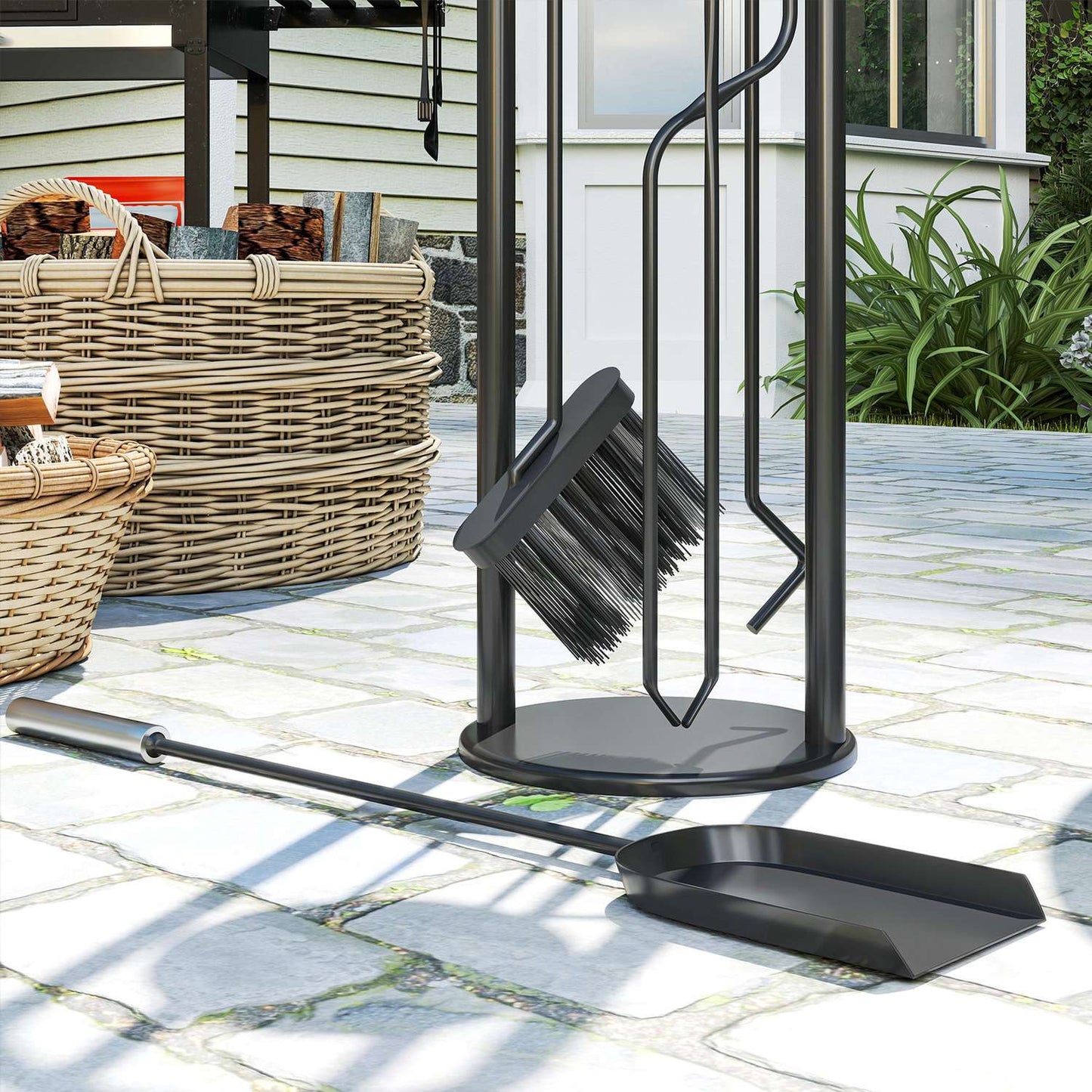 Fireplace Tool Set, 5-Piece with Stand, Brush, Shovel, Poker, Tongs