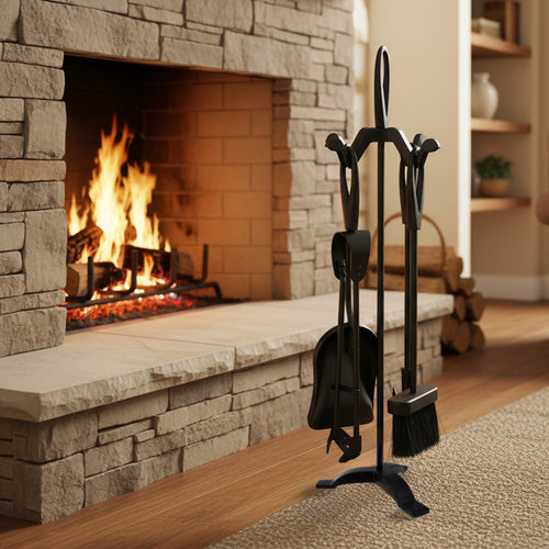 Fireplace Tool Set with Stand – Stainless Steel, 5-Piece