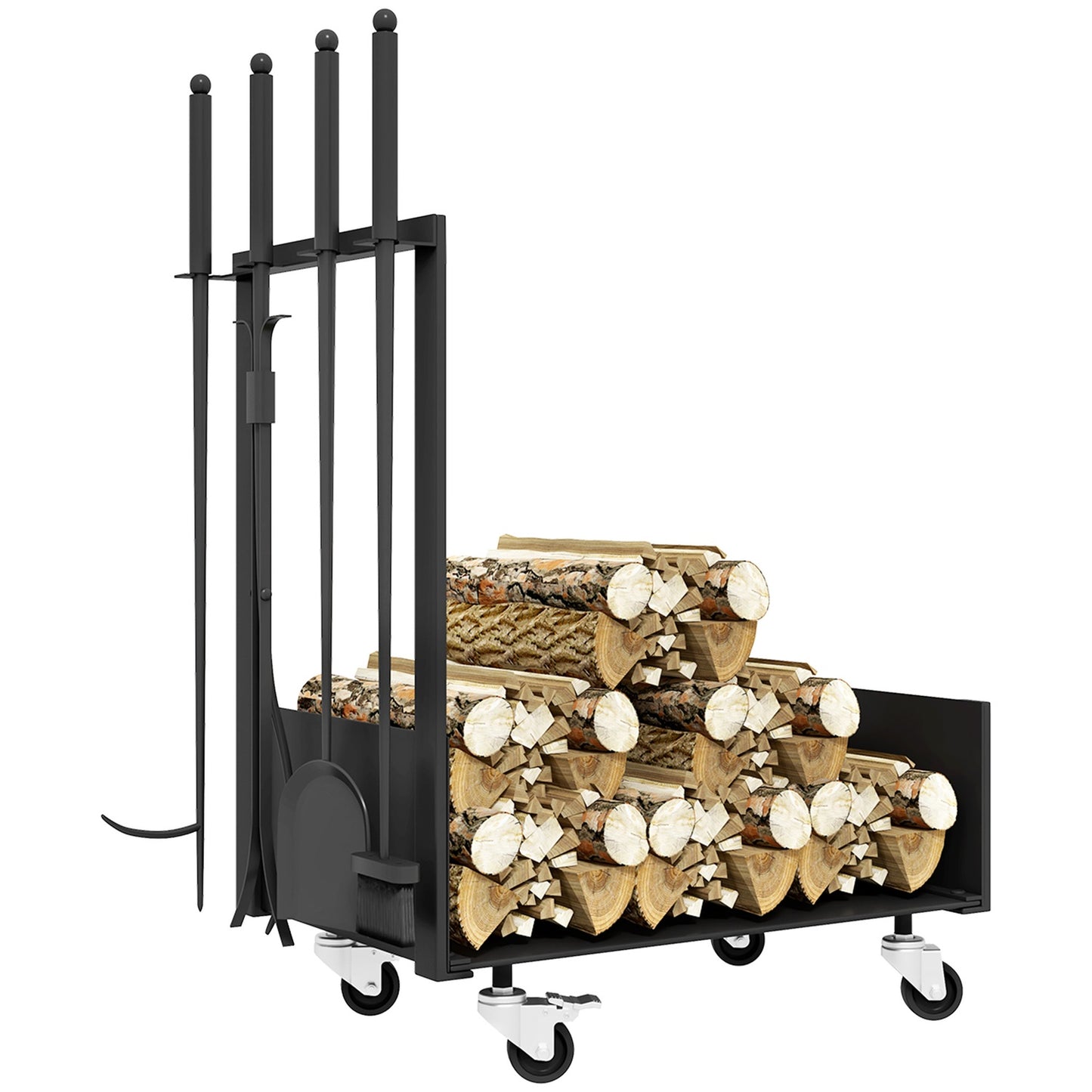 Wood stand in metal with wheels and tools, black, 48x30x76 cm