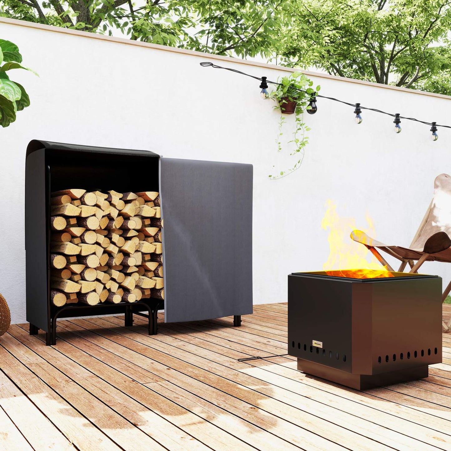 Firewood rack, 0.33 m³, with carrying bag & cover, metal frame, up to 150 kg, 120 x 36 x 99 cm, black