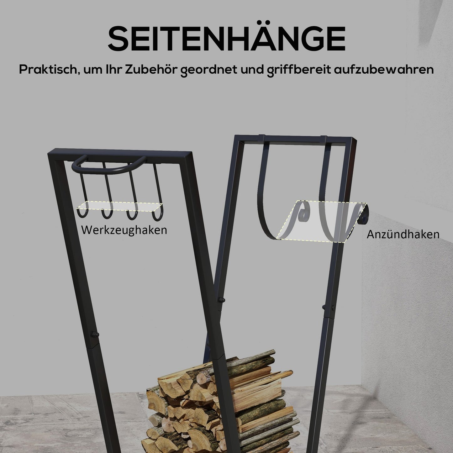 Wood stand with wheels, black metal, 79x30x81 cm
