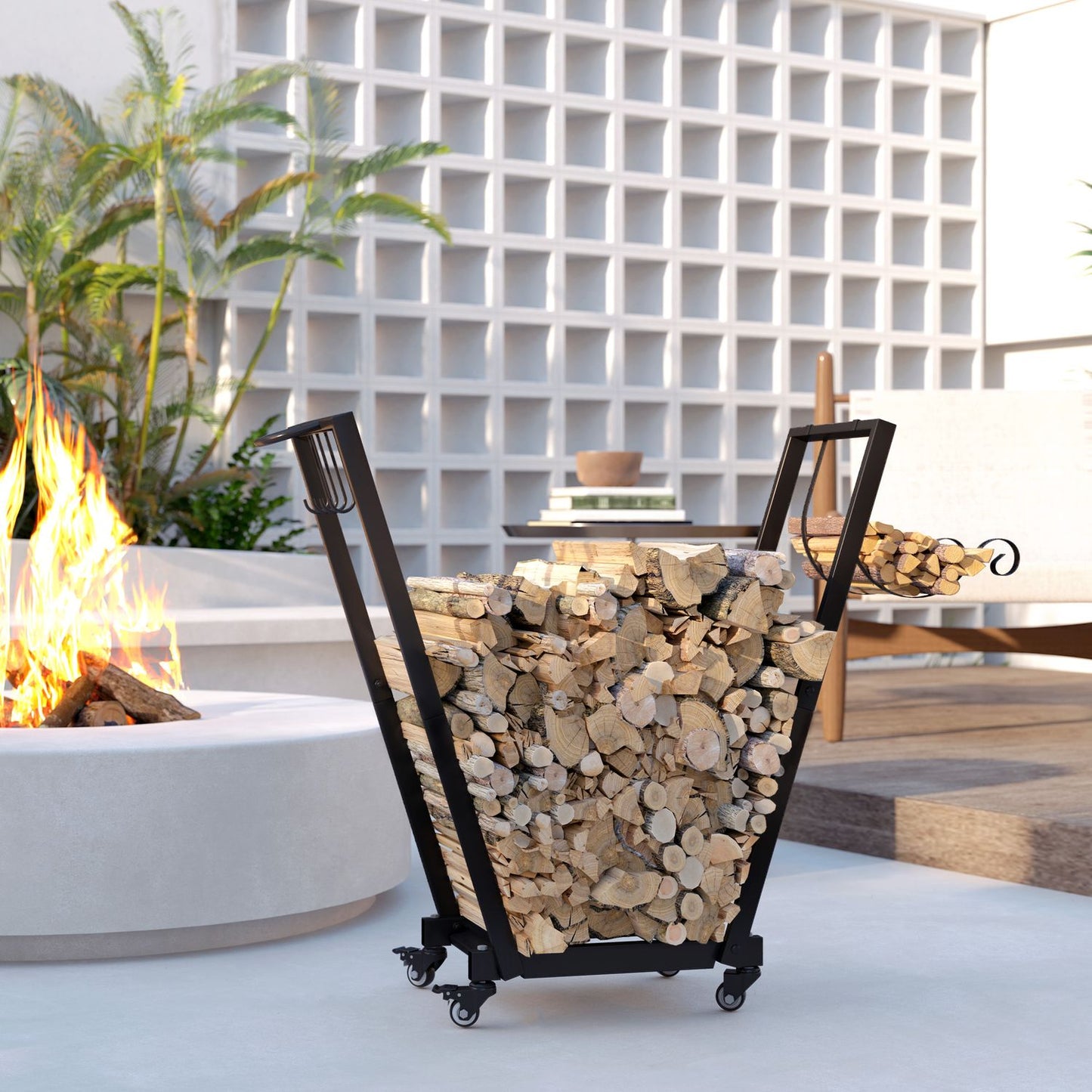 Wood stand with wheels, black metal, 79x30x81 cm