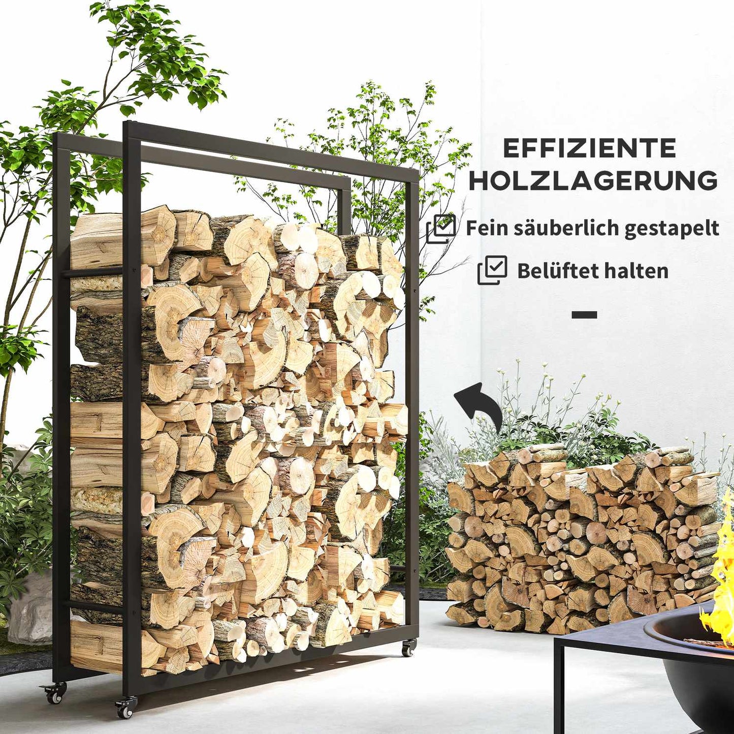 Firewood Rack with Wheels, Metal, 150 kg Capacity, Black