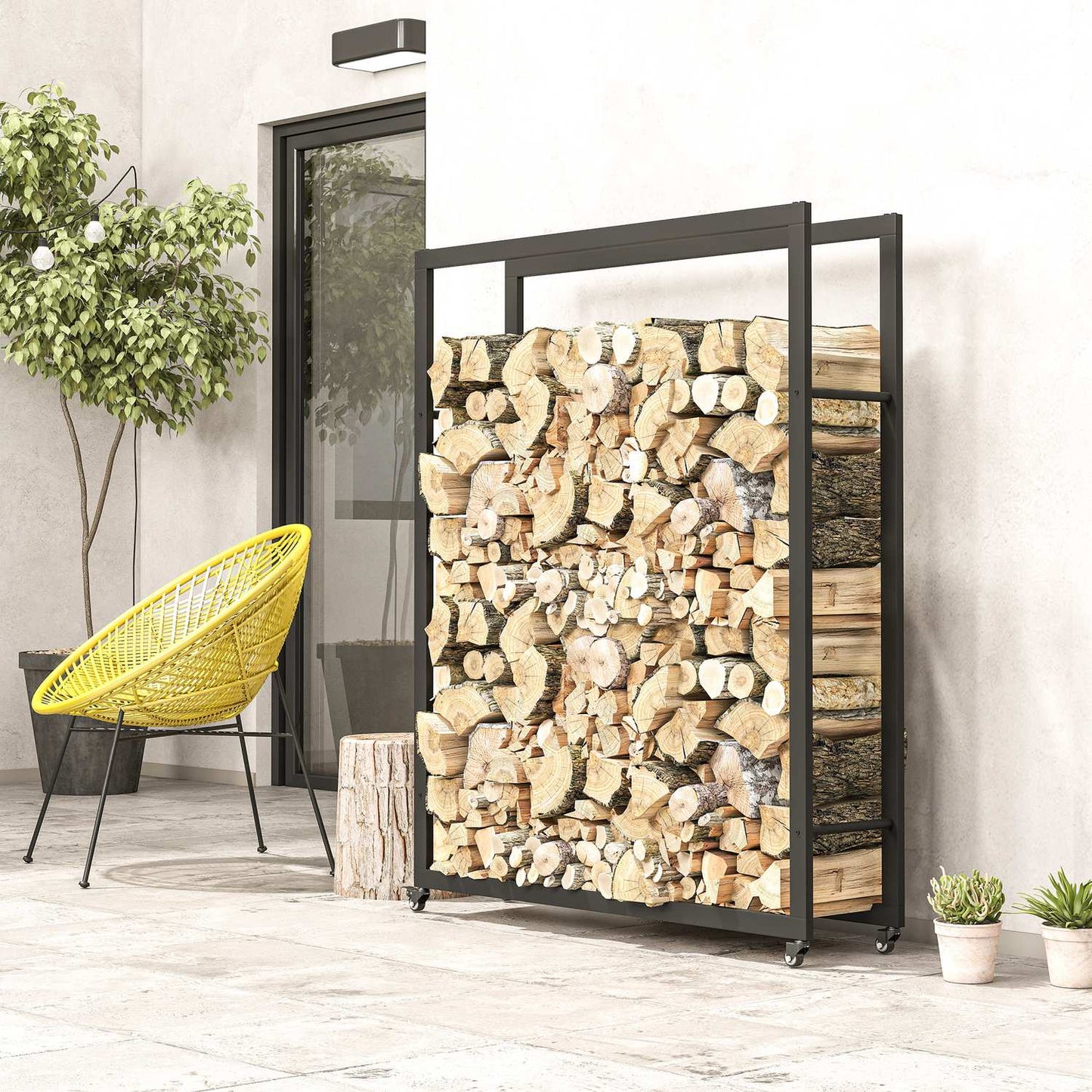 Firewood Rack with Wheels, Metal, 150 kg Capacity, Black