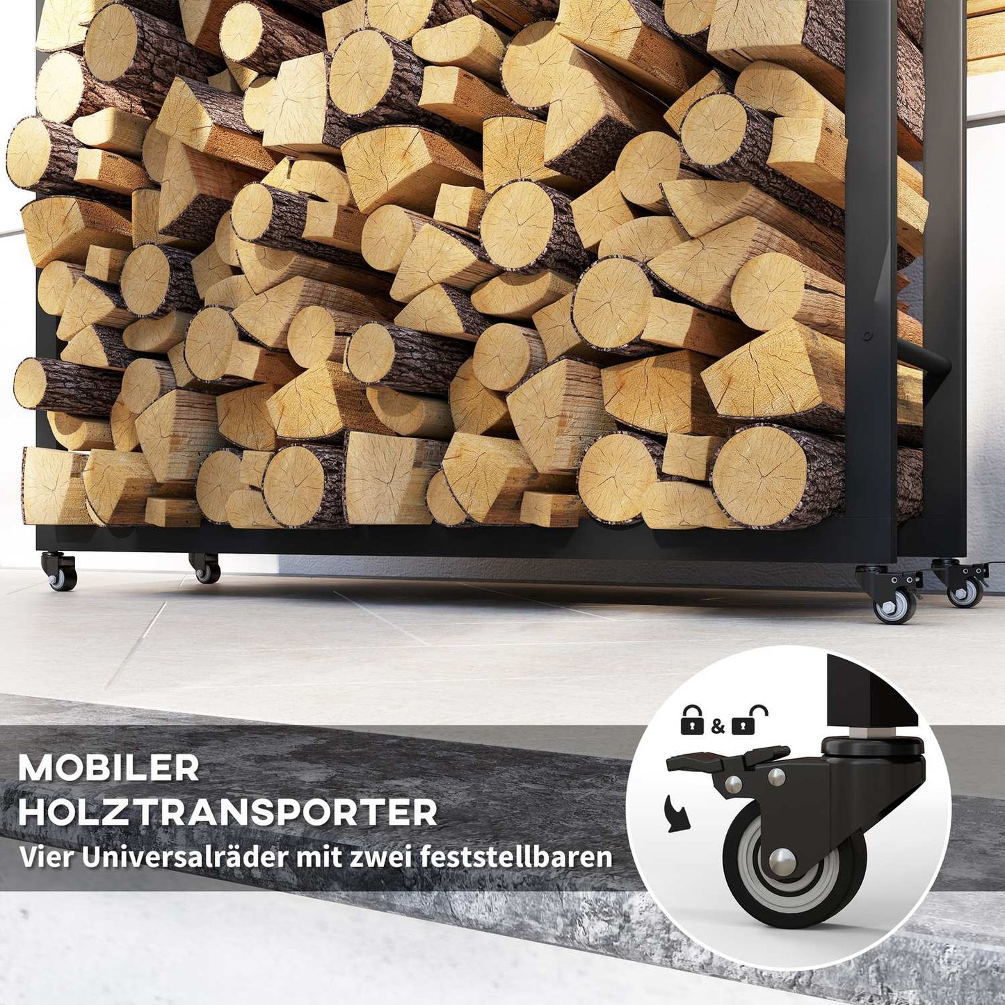 Firewood Rack with Wheels, Metal, 150 kg Capacity, Black