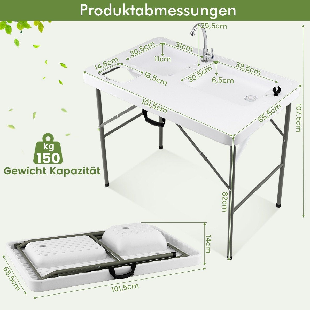 Fish cleaning table folding filleting table 101.5 x 65.5 x 107.5 cm white