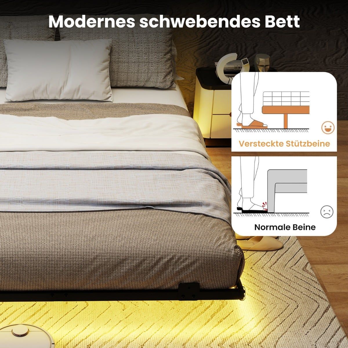 Floating Metal Bed Frame with LED Lights, Black, 140x200 cm