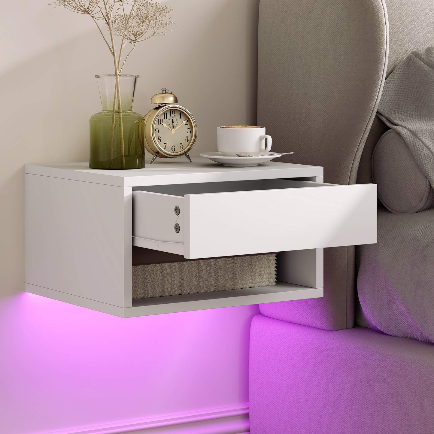 Floating Nightstand Set with RGB LED, Drawer, White
