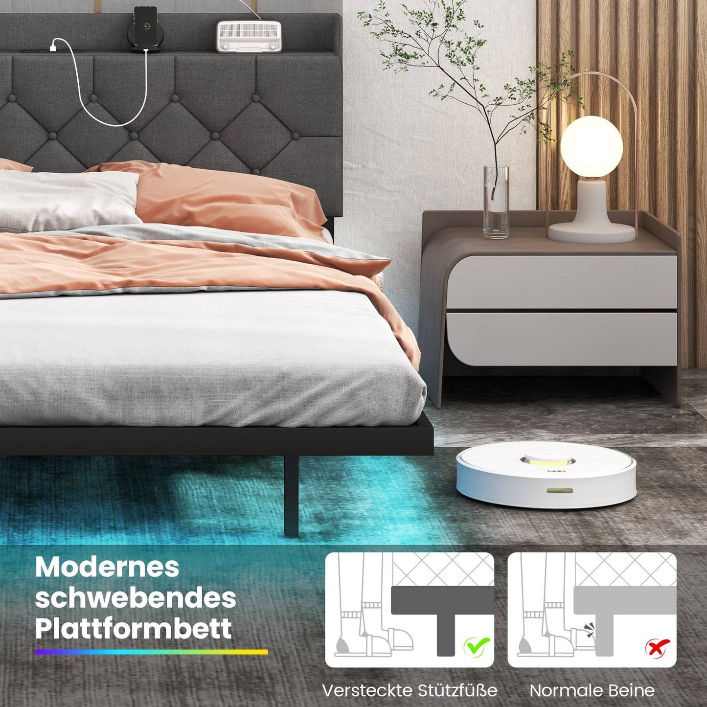 Floating Platform Bed Frame with LED Lights, Adjustable Headboard, Charging Ports, Gray