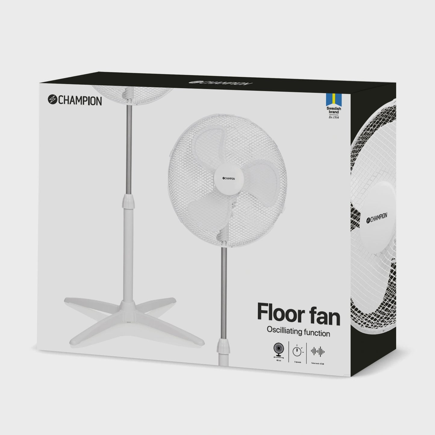 Floor Fan 40cm, 3 Speeds, Oscillating, White