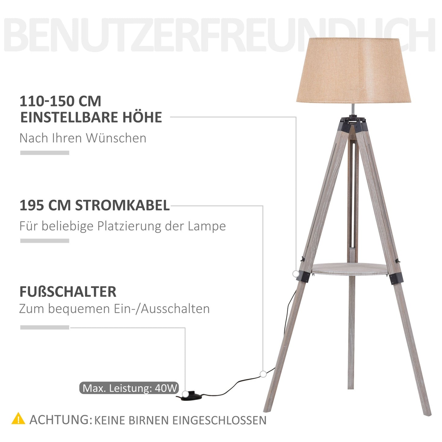 Adjustable vintage floor lamp with shelf, steel & cotton