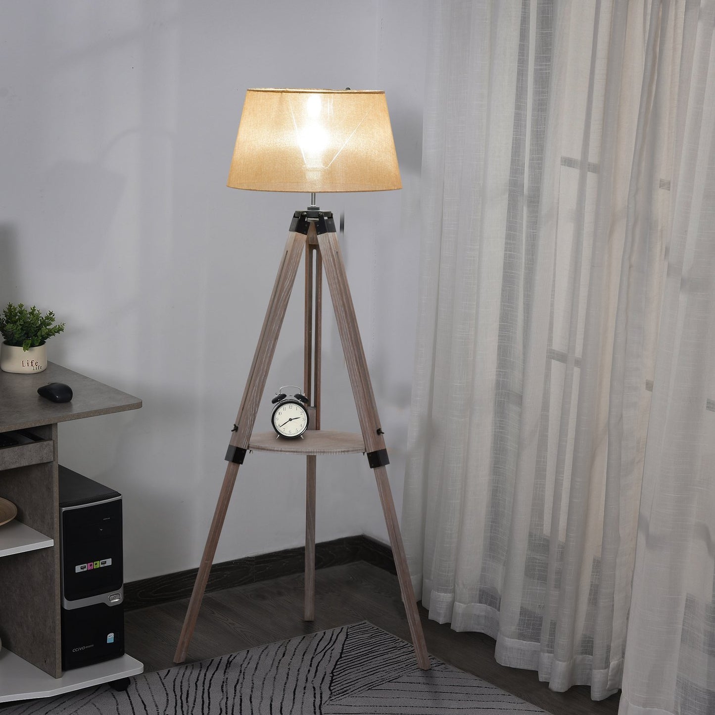 Adjustable vintage floor lamp with shelf, steel & cotton