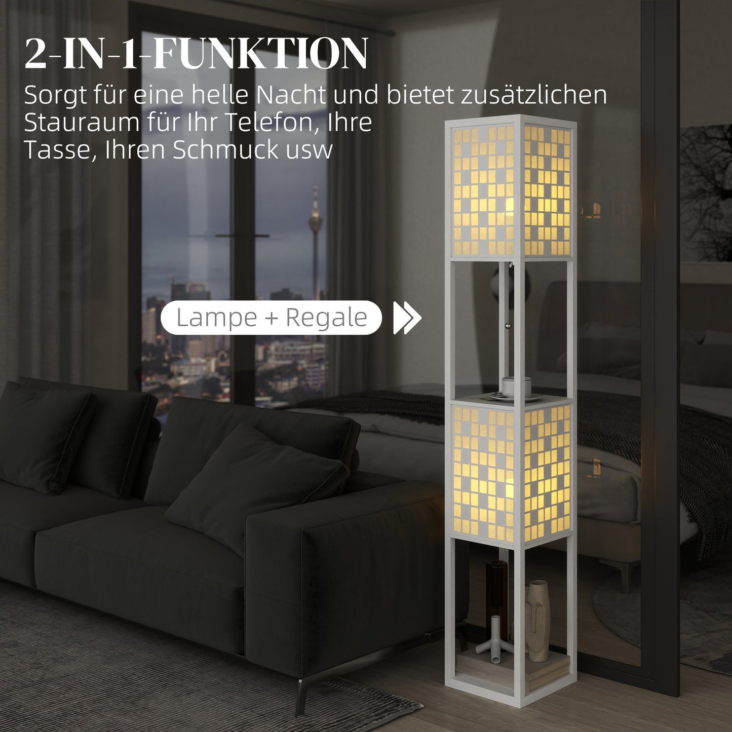 Floor Lamp with Lattice Shade and Dual Shelves, White