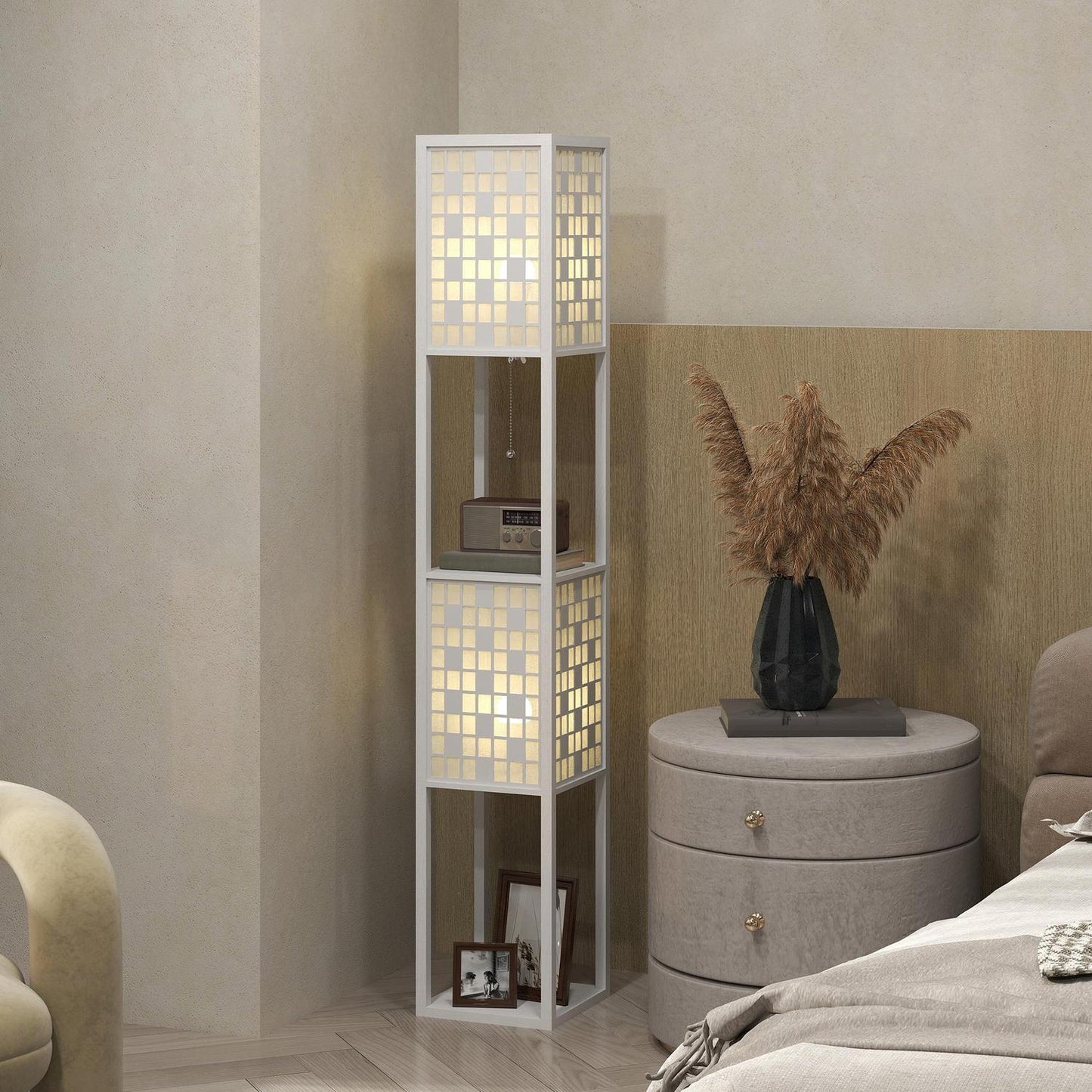 Floor Lamp with Lattice Shade and Dual Shelves, White