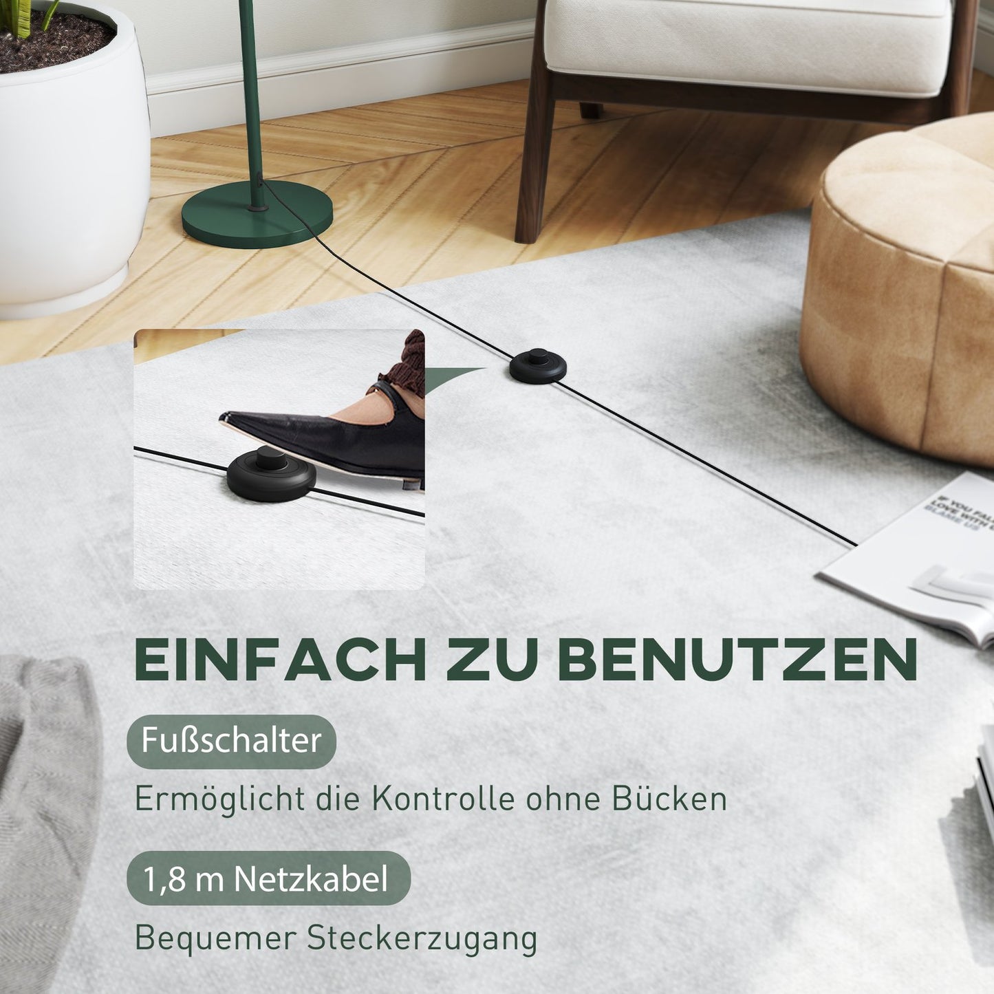 Floor Lamp with Round Shade, Foot Switch, Long Cable, Green