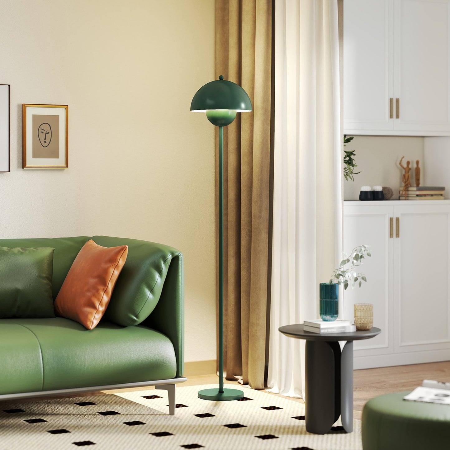 Floor Lamp with Round Shade, Foot Switch, Long Cable, Green