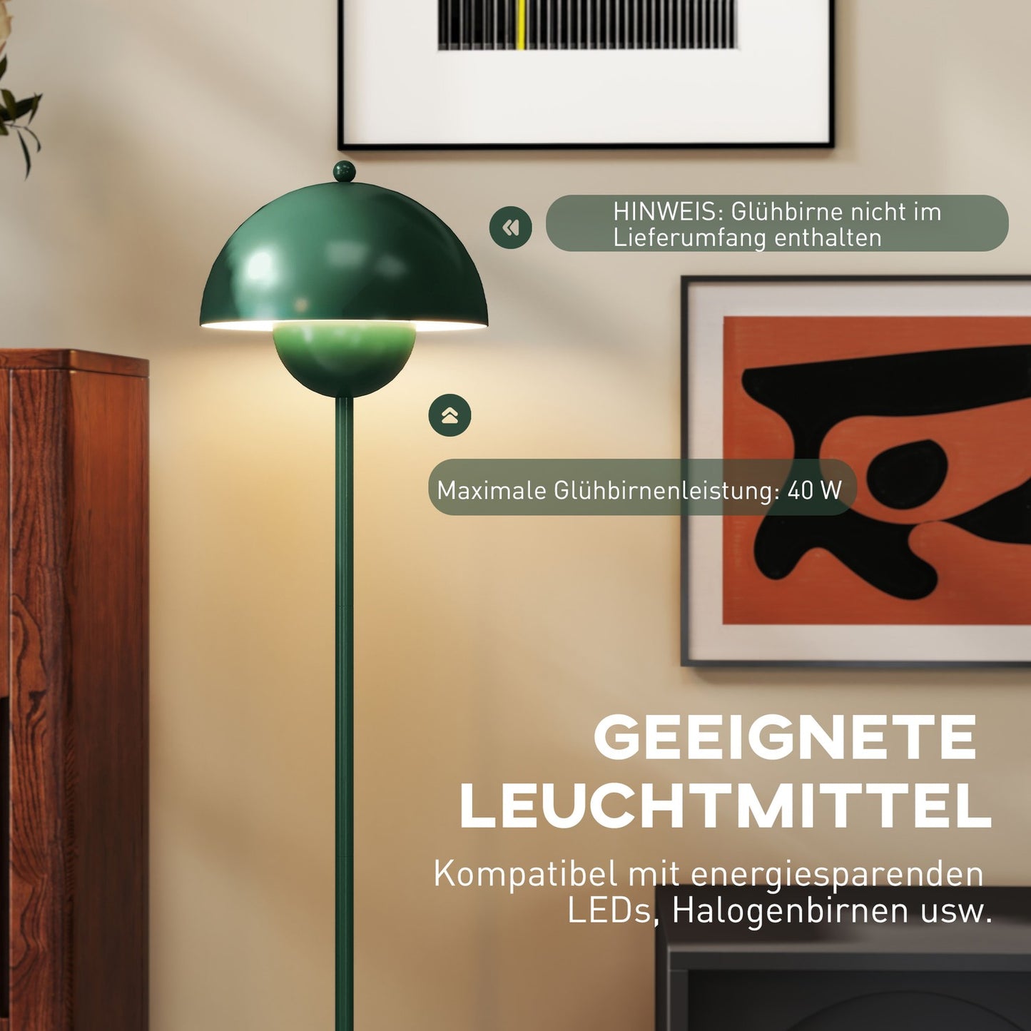 Floor Lamp with Round Shade, Foot Switch, Long Cable, Green