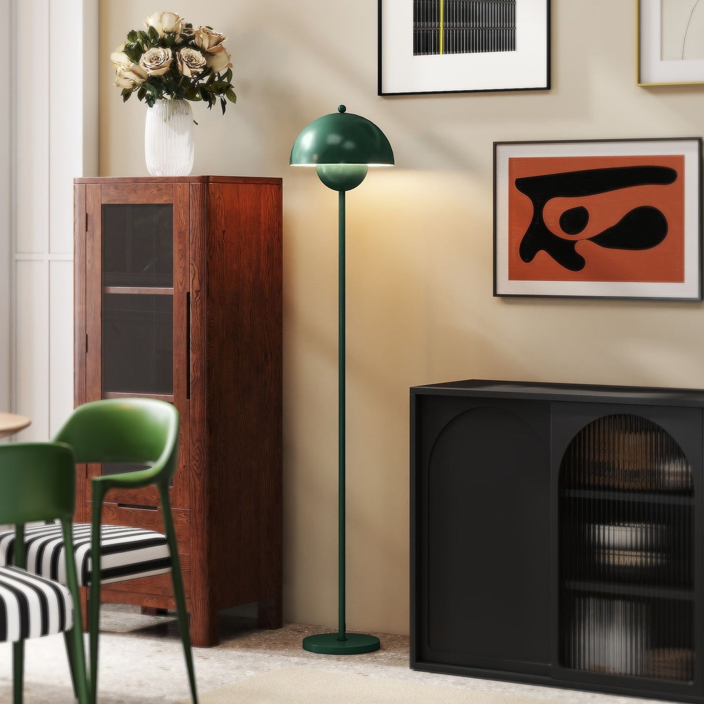 Floor Lamp with Round Shade, Foot Switch, Long Cable, Green
