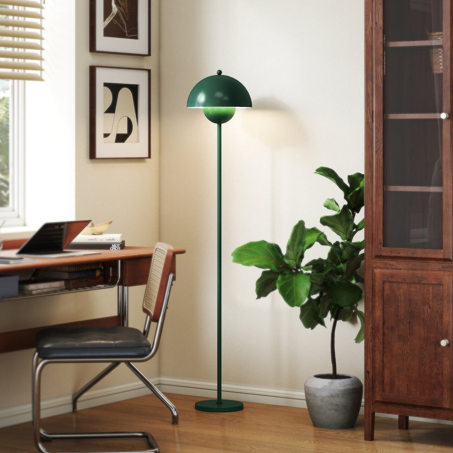 Floor Lamp with Round Shade, Foot Switch, Long Cable, Green