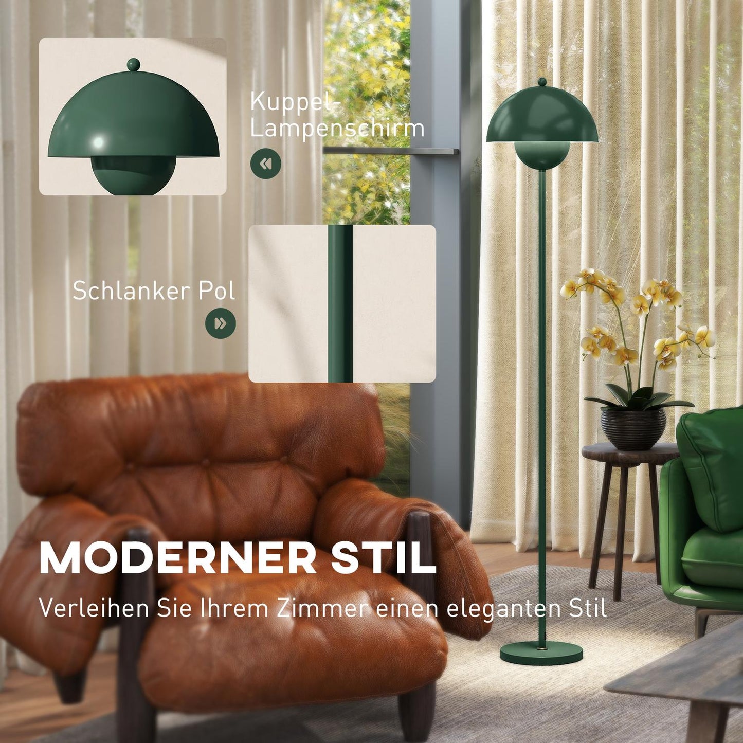 Floor Lamp with Round Shade, Foot Switch, Long Cable, Green